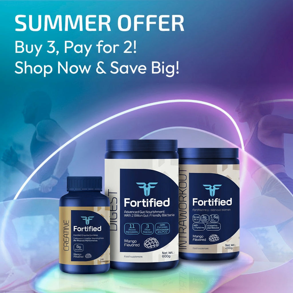 Promotional image of fortified supplement bottles with a summer offer text on a gradient background.